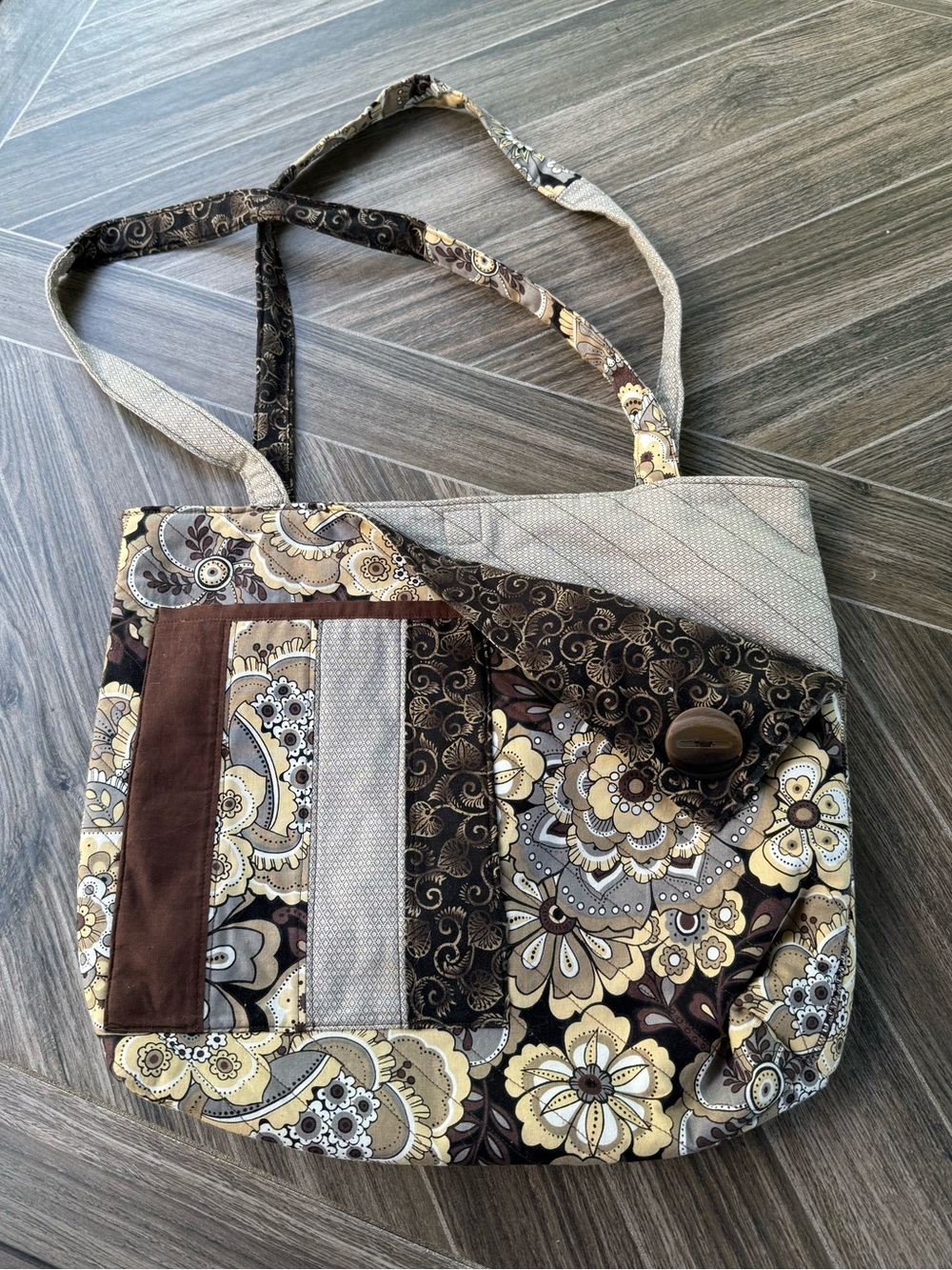 Handmade Quilted Floral Patchwork Shoulder Bag in Brown and Cream